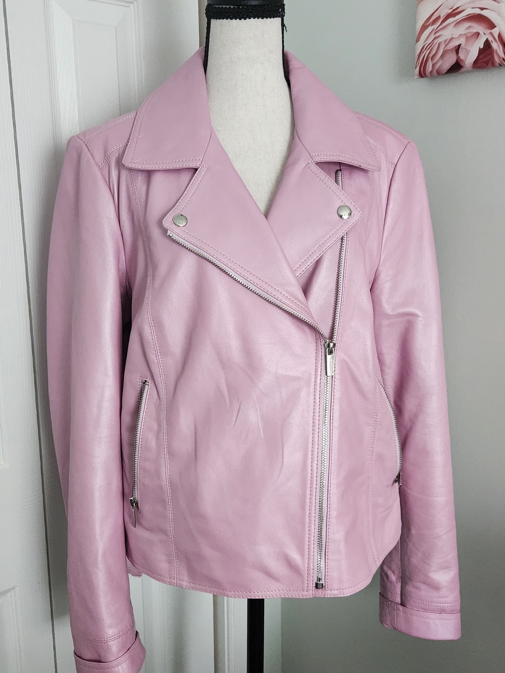 Pastel Pink Leather Moto Jacket - Women's Soft Asymmetric Biker